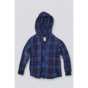 Hanna‎ Andersson Boys Hooded Flannel Shirt Blue Plaid Size 6–7 (120 cm)
